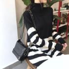 Turtleneck Striped Midi Knit Dress Black - One Size