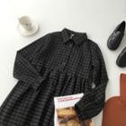 Plaid Long-sleeve Collared Dress Black - One Size