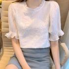 Short-sleeve Ruffle Trim Panel Flower Chiffon Blouse