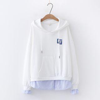 Mock Two Piece Stripe Edge Lettering Hoodie White - One Size