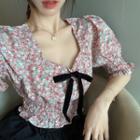 Floral Bow Cropped Blouse Pink - One Size