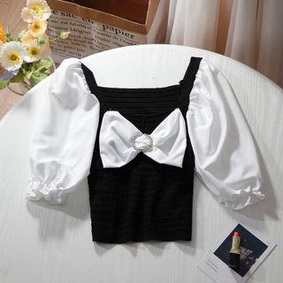 Puff-sleeve Ribbon Two-tone Blouse