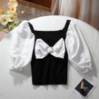 Puff-sleeve Ribbon Two-tone Blouse