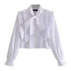 Bow-neck Ruffle Panel Cropped Blouse