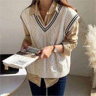 Cap-sleeve Contrast-trim Knit Top Cream - One Size