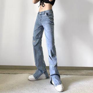 Heart Applique Slit-hem Straight Leg Jeans
