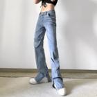Heart Applique Slit-hem Straight Leg Jeans
