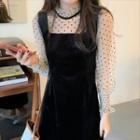 Long-sleeve Dotted Mesh Panel Midi A-line Dress Black - One Size