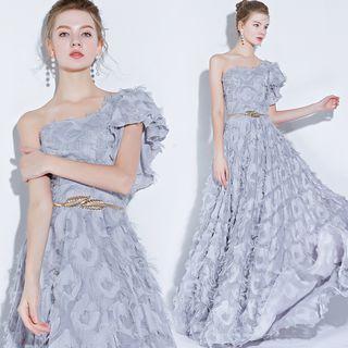 One Shoulder Frayed Evening Gown