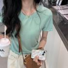 Short-sleeve Plain Ruffle Trim Cropped T-shirt