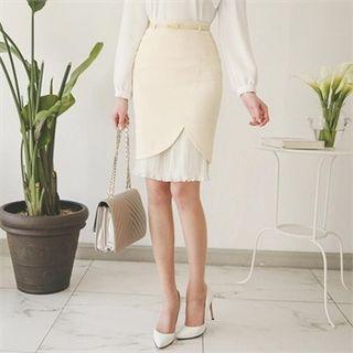 Pleated Chiffon-hem Pencil Skirt