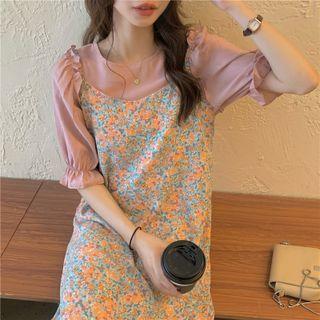 Short-sleeve Ruffle Trim Plain Blouse / Floral Overall Dress