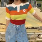 Color Block Short-sleeve Knit Top As Shown In Figure - One Size