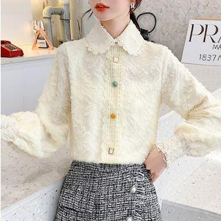 Buttoned Collared Fringed Lace Blouse