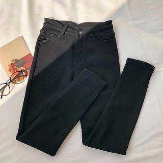 Plain High-waist Fleece Cropped Jeans