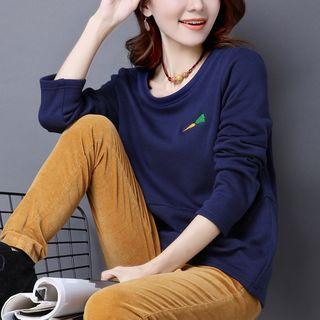 Long-sleeve Fleece-lined Embroidered Top