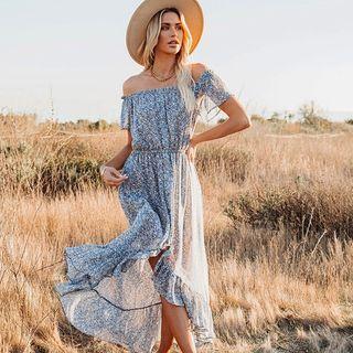 Off-shoulder Flower Print Asymmetrical Maxi A-line Dress