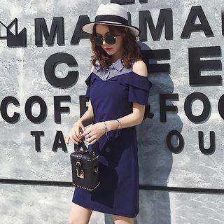 Striped Panel Cut Out Shoulder Collared Short Sleeve Dress