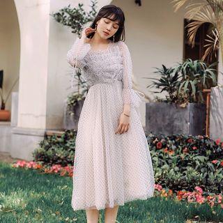 Dotted 3/4-sleeve Sheer Midi Dress