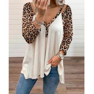 Long-sleeve Leopard Print Cutout V-neck T-shirt