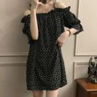 Elbow-sleeve Floral A-line Dress Black - One Size