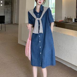 Set: Short-sleeve Denim Midi A-line Dress + Scarf