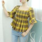 Squared-neck Smocked-panel Check Top