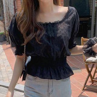 Short-sleeve Embroidered Blouse Black - One Size