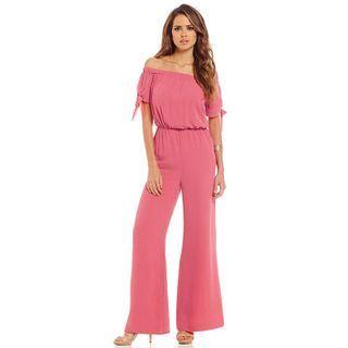 Off-shoulder Elbow-sleeve Wide-leg Chiffon Jumpsuit