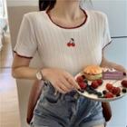 Short-sleeve Cherry Embroidered Ribbed Knit Top