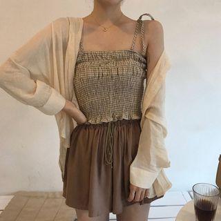 Plaid Shoulder-tie Crop Top / Sheer Shirt / Drawstring Waist Shorts
