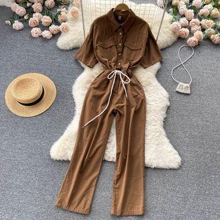 Short-sleeve Lapel Drawstring Wide-leg Jumpsuit
