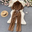 Short-sleeve Lapel Drawstring Wide-leg Jumpsuit