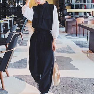 Long-sleeve Two-tone Wide-leg Jumpsuit