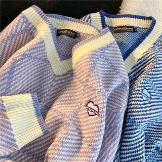 Heart Embroidered Check Sweater