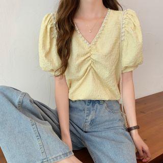 V-neck Plaid Pleated Pearl Blouse