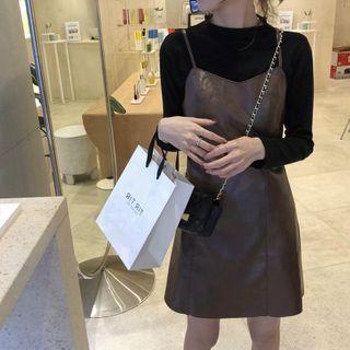 Set: Lace-trim Blouse + Faux-leather Dress