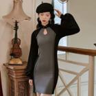 Lantern-sleeve Mandarin Collar Mini Sheath Dress