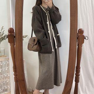 Contrast Trim Cardigan / Long-sleeve Midi Polo Dress