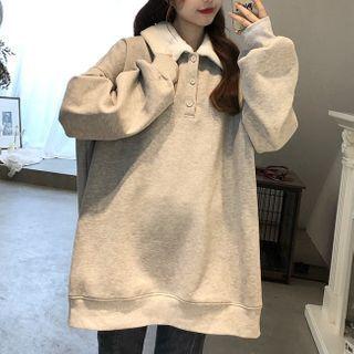 Shearling-collar Medium Long Long-sleeve Sweatshirt Gray - One Size