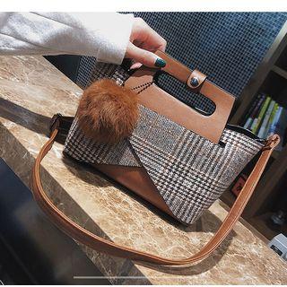 Pom Pom Detail Plaid Handbag