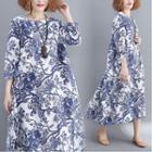 Floral Long-sleeve Midi A-line Dress Blue Flowers - White - One Size
