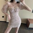 Balloon-sleeve Floral Print Drawstring Sheath Dress As Shown In Figure - One Size