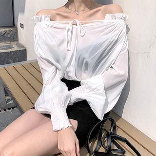 Off-shoulder Beribboned Smocked-cuff Top