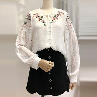 Set: Long-sleeve Embroidered Top + A-line Skirt