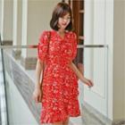 Ruffle-trim Floral Print Dress Red - One Size