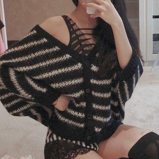 Striped Batwing-sleeve Cardigan Stripes - Black & White - One Size