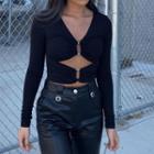 Long-sleeve V-neck Cutout Slim-fit Top
