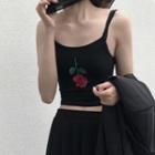 Small Camisole Top Rose Embroidered Retro External Cropped T Shirt Black - One Size