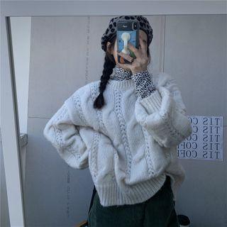 Round-neck Knit Sweater + High-neck Leopard Print Top